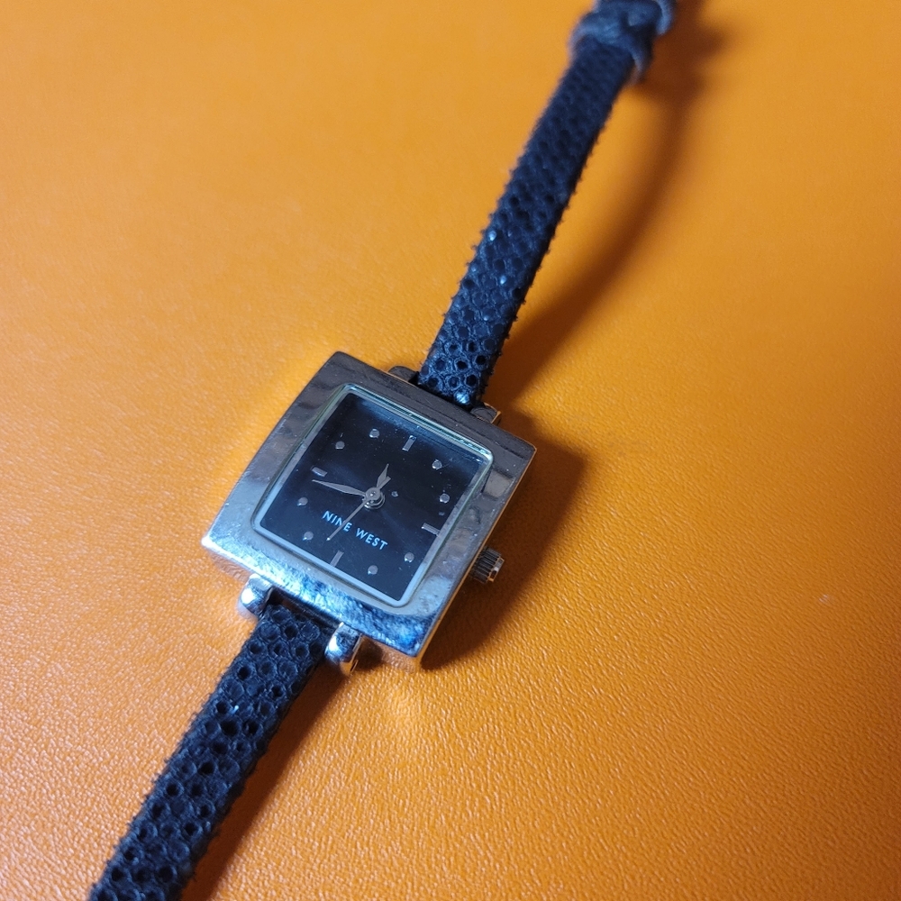 Nine West mini watch in silver and snake skin print leather band square